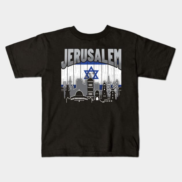 Jerusalem Israel Skyline Vintage Israeli Flag Kids T-Shirt by travel2xplanet